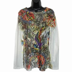 VINTAGE Y2K NEXT ERA COUTURE TATTOO PRINT KNIT TOP T SHIRT SPARROW RHINESTONES L